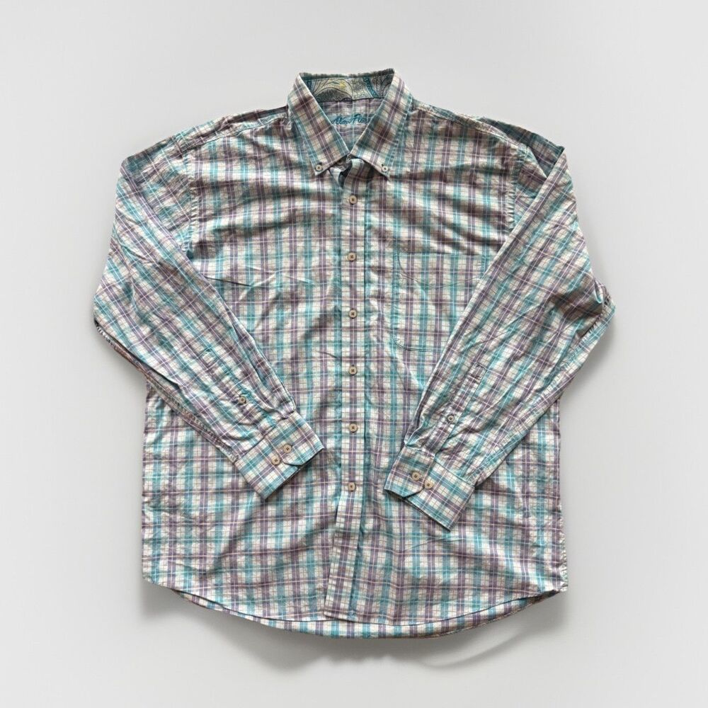 Alan Flusser XL Classic Fit 100% Cotton Blue White Purple Plaid Dress Shirt